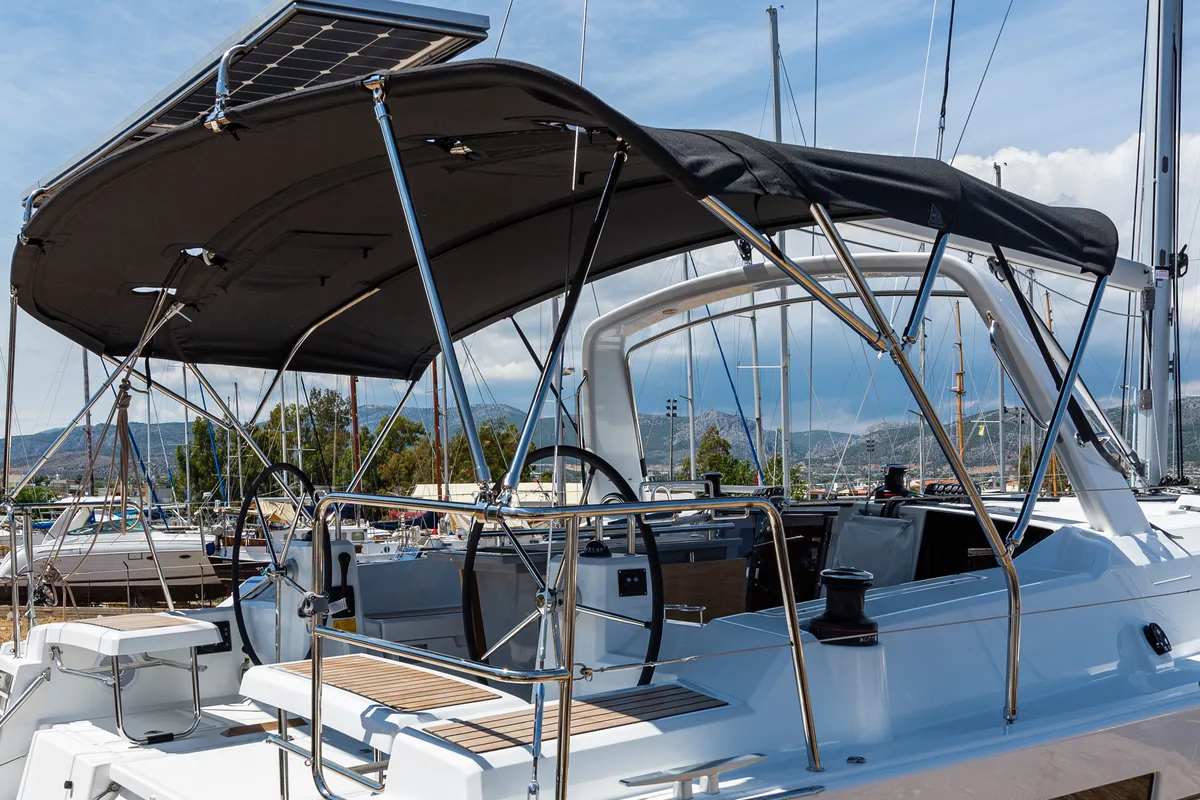Cockpit of Argyroula, a Beneteau Oceanis 41.1 sailboat at Municipal Unit of Lefkada, Greece