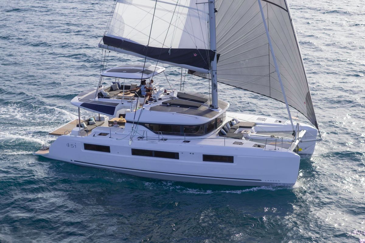 Exterior view of Joyous 2, a Lagoon 51 catamaran at Mai Khao, Thailand