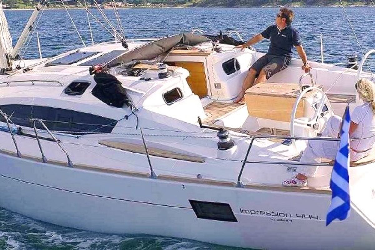 Exterior view of Aquatica, a Elan Impression 444 sailboat at Athens, Yacht Club Amfitheas, Greece