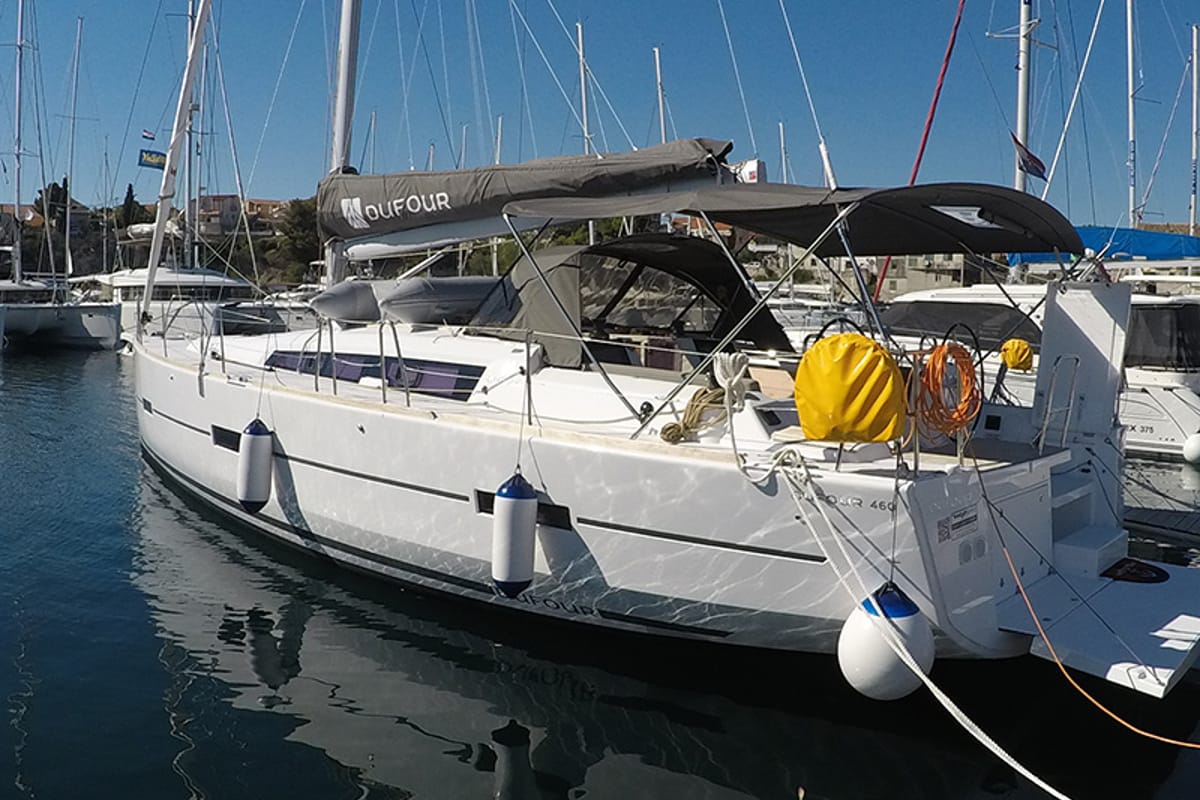 Exterior view of Petra, a Dufour 460 GL sailboat at Grad Šibenik, Croatia