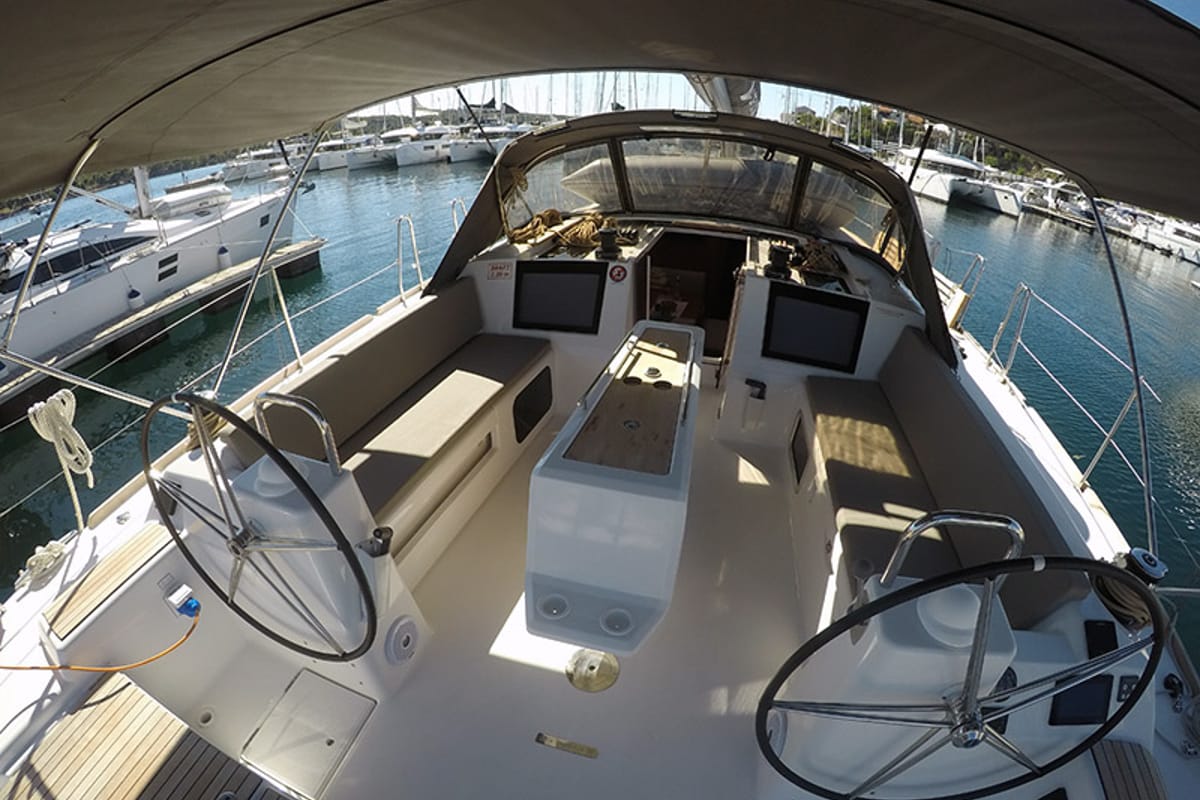 Cockpit of Petra, a Dufour 460 GL sailboat at Grad Šibenik, Croatia