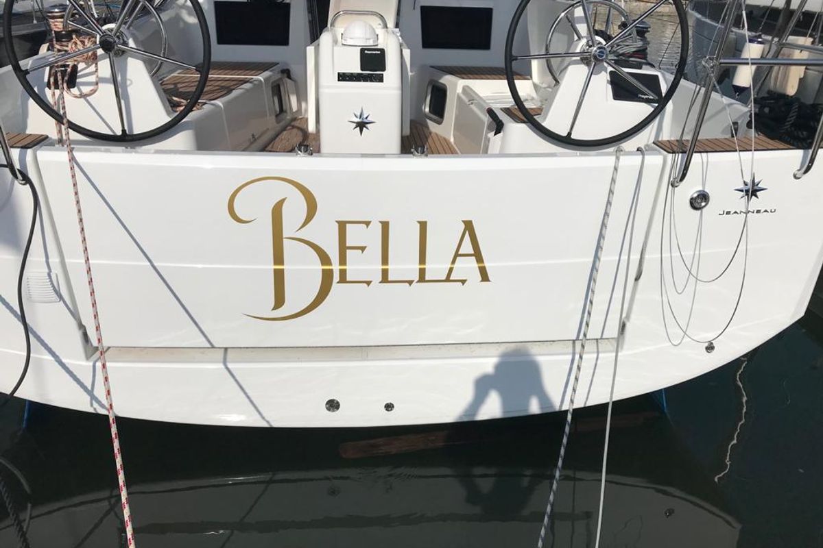 Exterior view of Bella, a Jeanneau Sun Odyssey 410 sailboat at Piombino, Italy