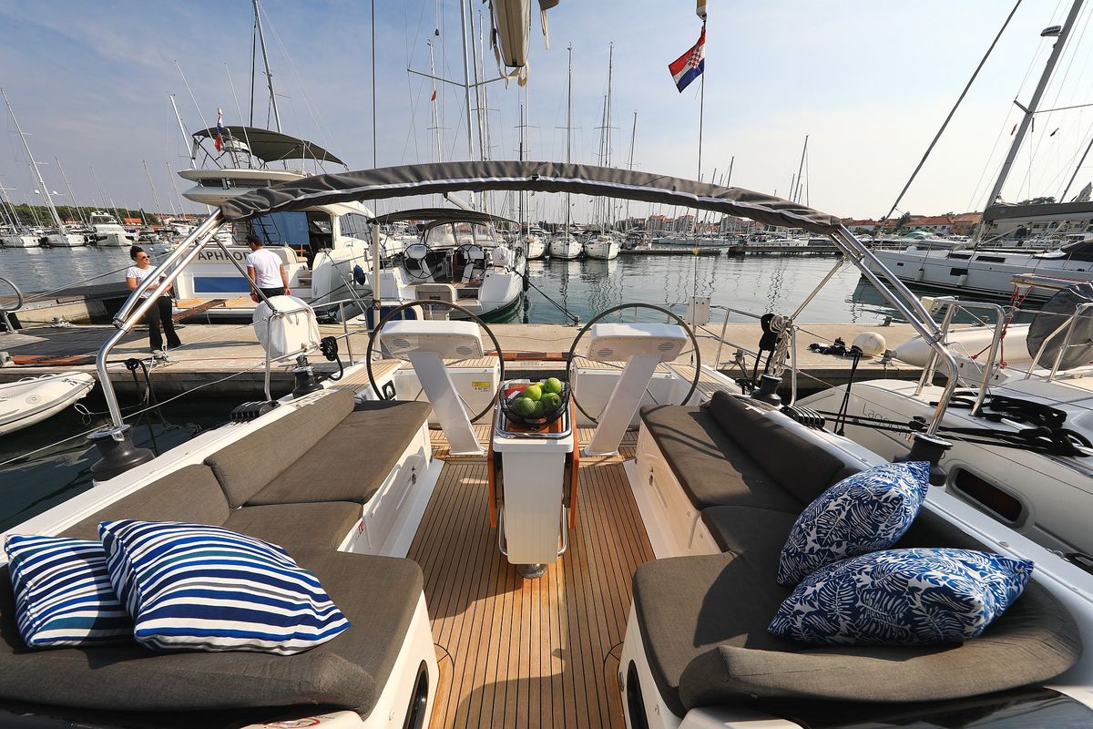 Cockpit of Terna, a Hanse Yachts Hanse 458 sailboat at Grad Šibenik, Croatia