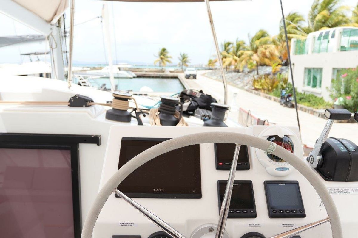 Cockpit of Idle Time, a Fountaine Pajot Astrea 42 catamaran at Road Town, British Virgin Islands