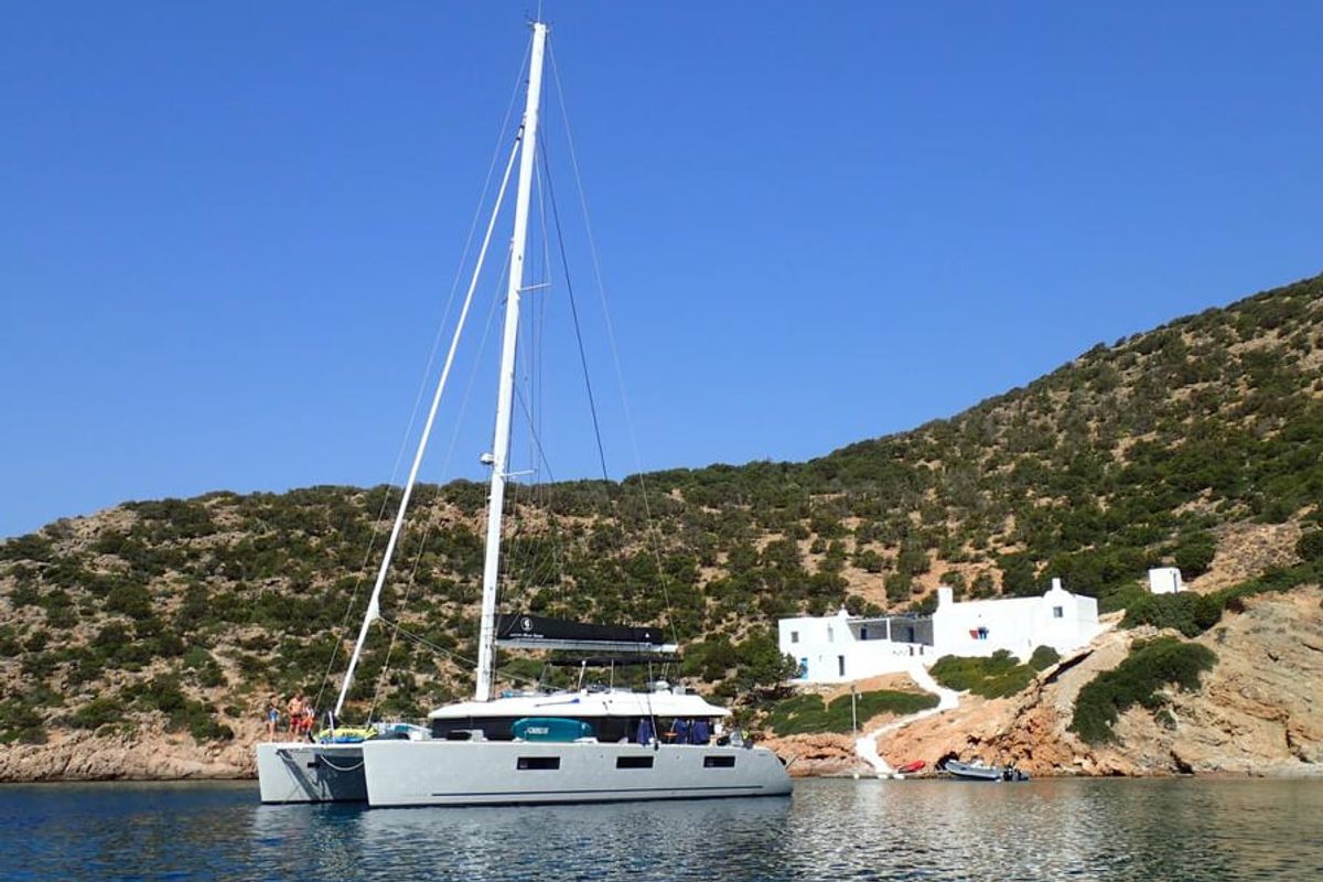 Exterior view of Atlantis, a Lagoon 620 catamaran at Lavreotiki Municipal Unit, Greece