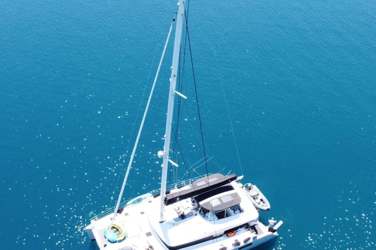 Exterior view of Atlantis, a Lagoon 620 catamaran at Lavreotiki Municipal Unit, Greece