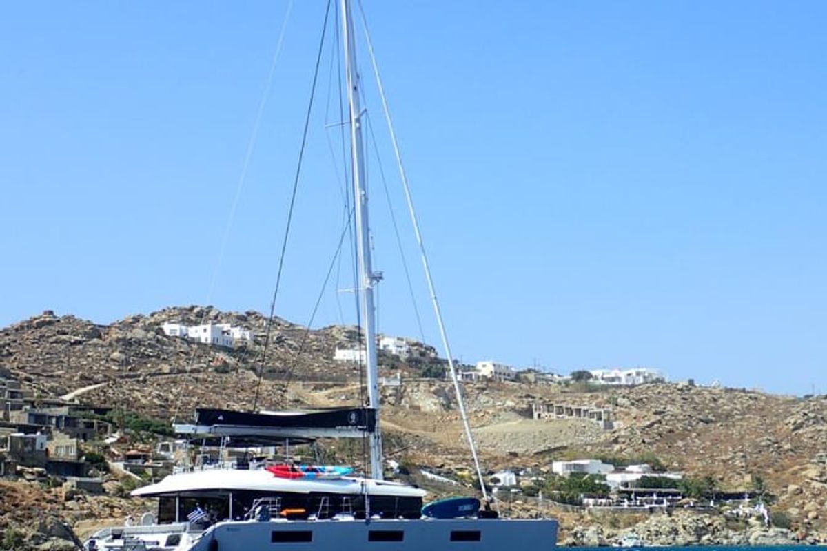 Exterior view of Atlantis, a Lagoon 620 catamaran at Lavreotiki Municipal Unit, Greece