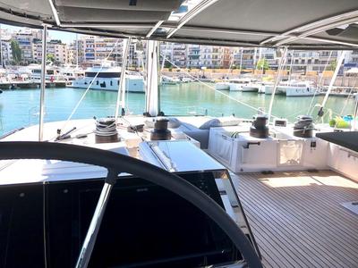 Cockpit of Atlantis, a Lagoon 620 catamaran at Lavreotiki Municipal Unit, Greece