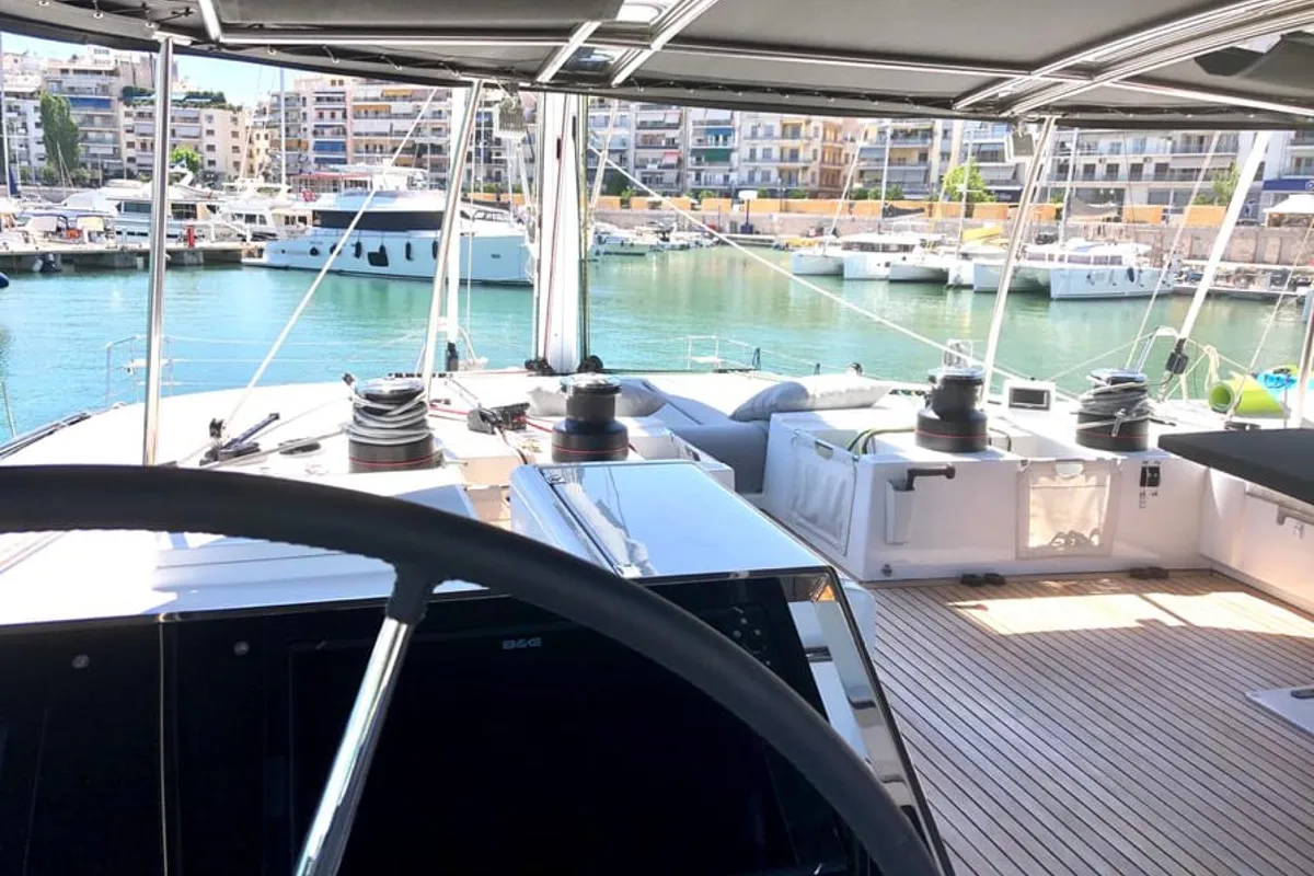 Cockpit of Atlantis, a Lagoon 620 catamaran at Lavreotiki Municipal Unit, Greece