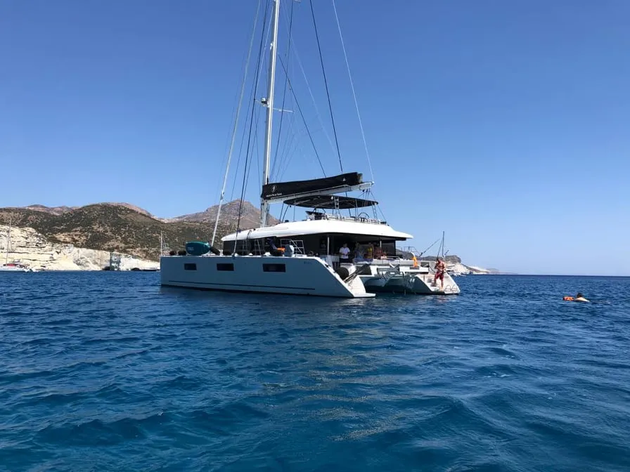 Exterior view of Atlantis, a Lagoon 620 catamaran at Lavreotiki Municipal Unit, Greece