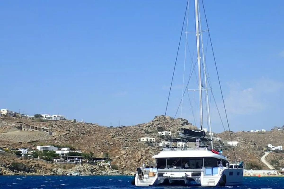 Exterior view of Atlantis, a Lagoon 620 catamaran at Lavreotiki Municipal Unit, Greece