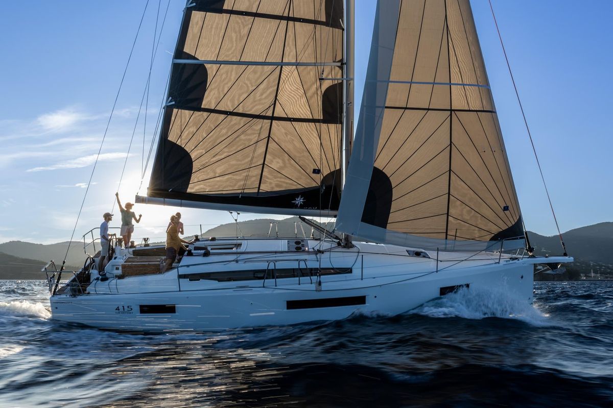 Exterior view of Myriana, a Jeanneau Sun Odyssey 415 sailboat at Marpissa, Greece