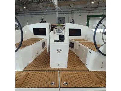 Cockpit of Myriana, a Jeanneau Sun Odyssey 415 sailboat at Marpissa, Greece