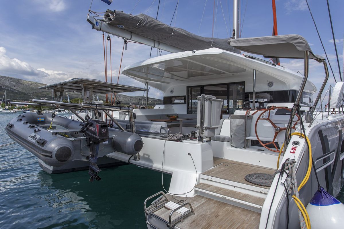 Deck of Tranquillity, a Excess 15 catamaran at Mytikas, Greece
