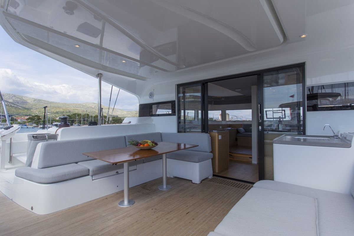 Deck of Tranquillity, a Excess 15 catamaran at Mytikas, Greece