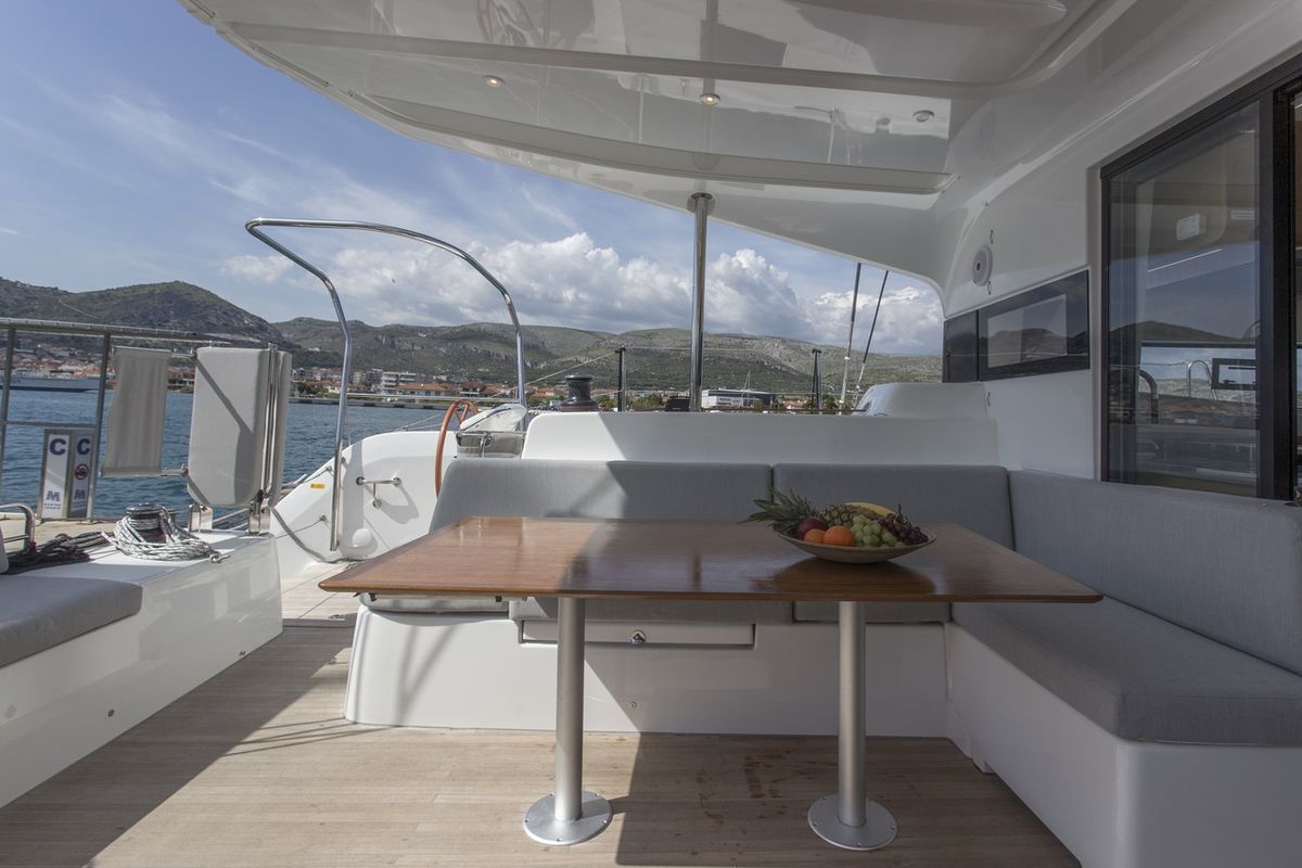 Deck of Tranquillity, a Excess 15 catamaran at Mytikas, Greece
