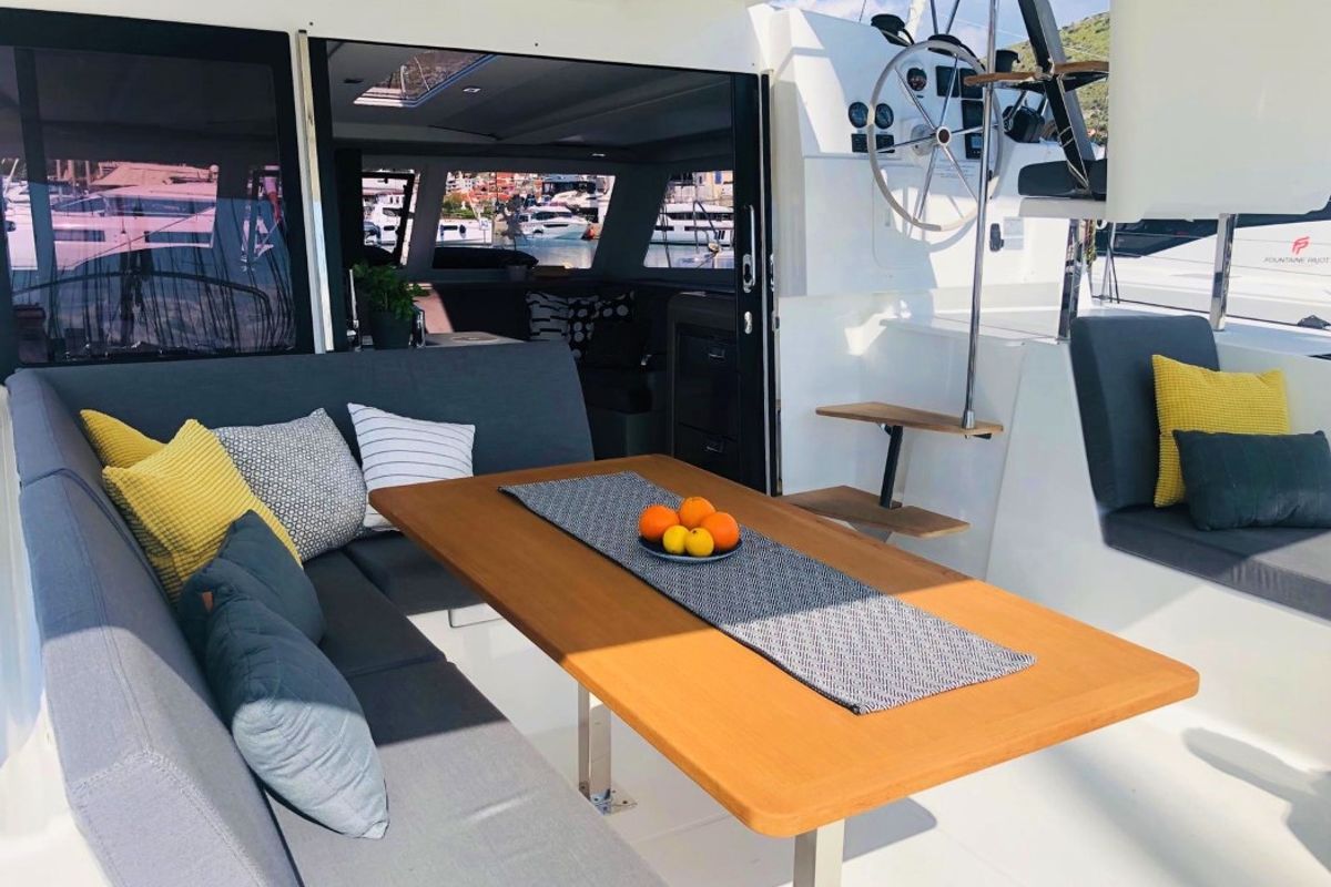Deck of Sailor Venus, a Fountaine Pajot Isla 40 catamaran at Dubrovnik, Croatia