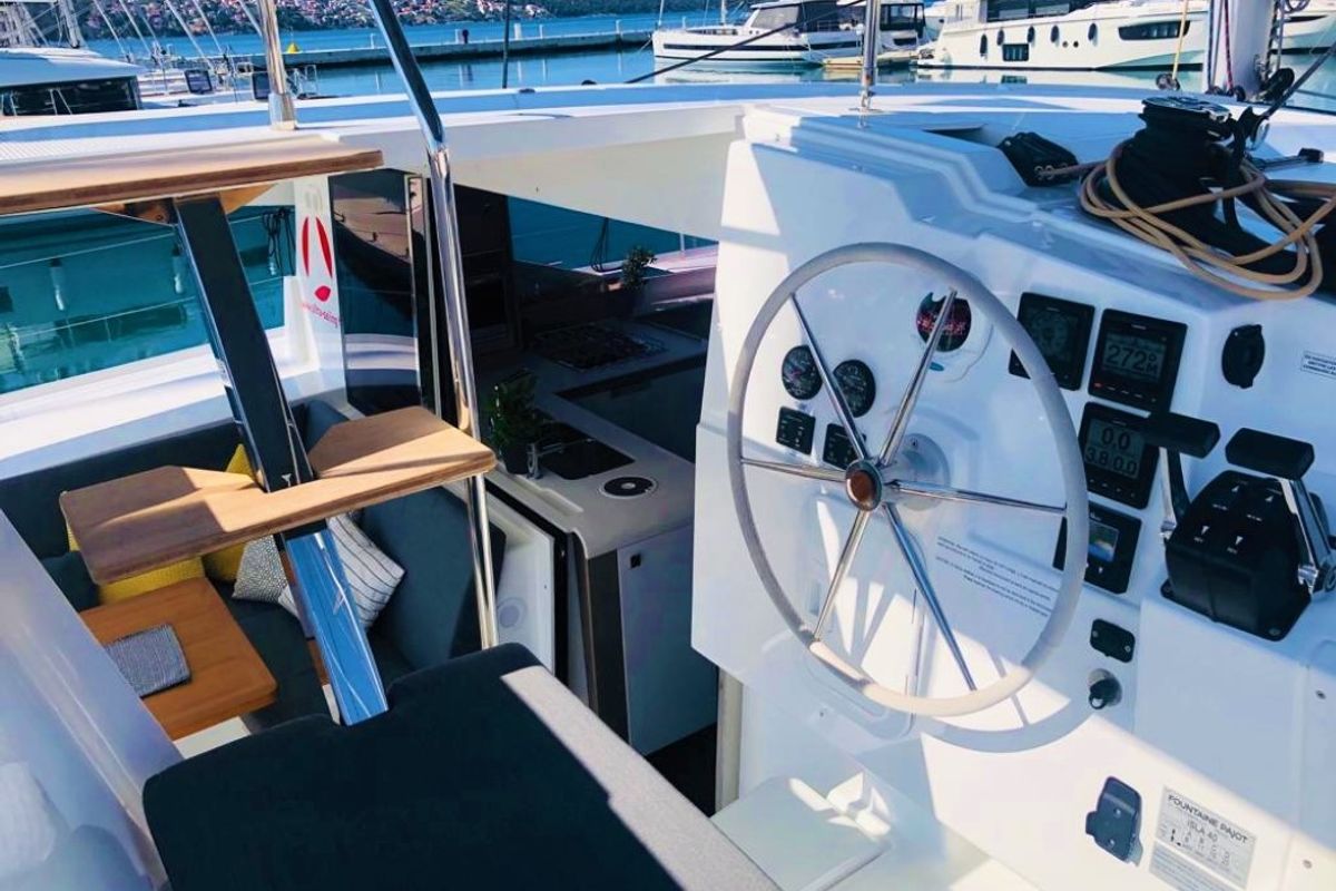 Cockpit of Sailor Venus, a Fountaine Pajot Isla 40 catamaran at Dubrovnik, Croatia