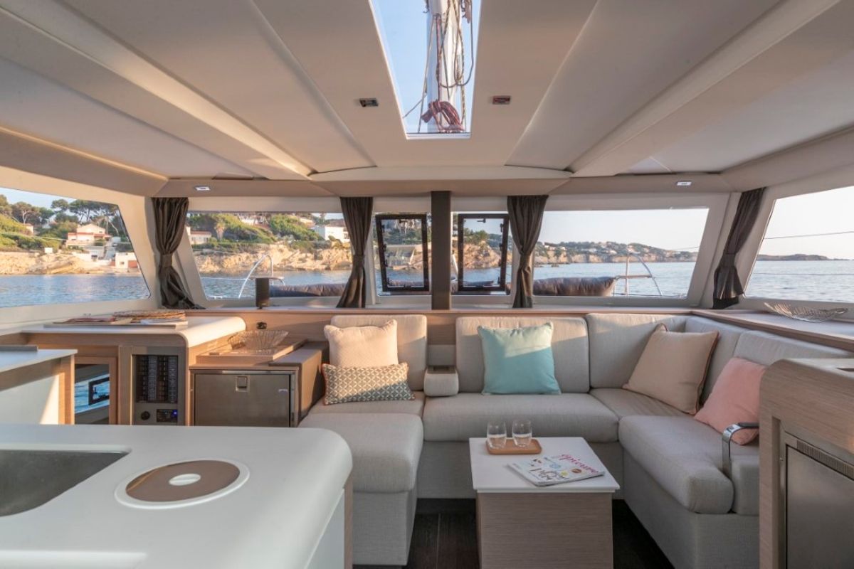 Salon of Sailor Venus, a Fountaine Pajot Isla 40 catamaran at Dubrovnik, Croatia