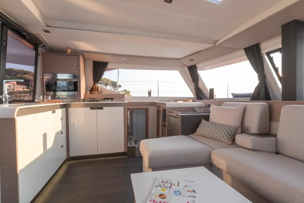 Salon of Sailor Venus, a Fountaine Pajot Isla 40 catamaran at Dubrovnik, Croatia