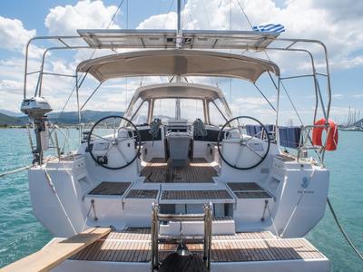 Cockpit of Don Quixote, a Beneteau Oceanis 48 sailboat at Port of Avdira, Greece