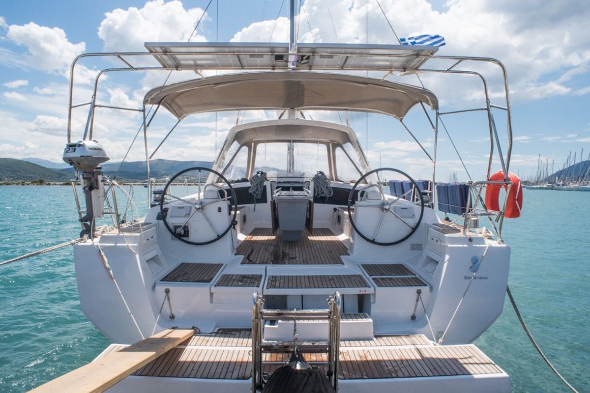 Cockpit of Don Quixote, a Beneteau Oceanis 48 sailboat at Port of Avdira, Greece