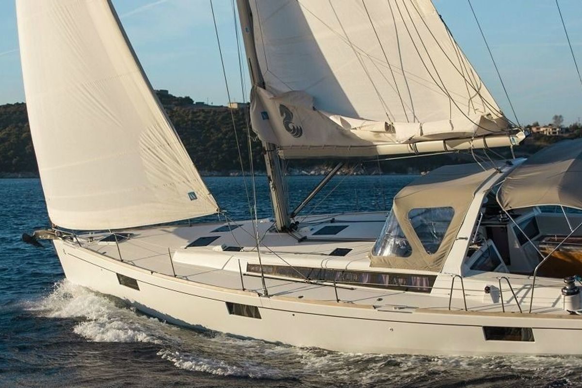 Exterior view of Don Quixote, a Beneteau Oceanis 48 sailboat at Port of Avdira, Greece