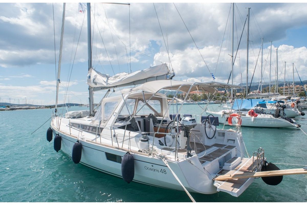 Exterior view of Don Quixote, a Beneteau Oceanis 48 sailboat at Port of Avdira, Greece