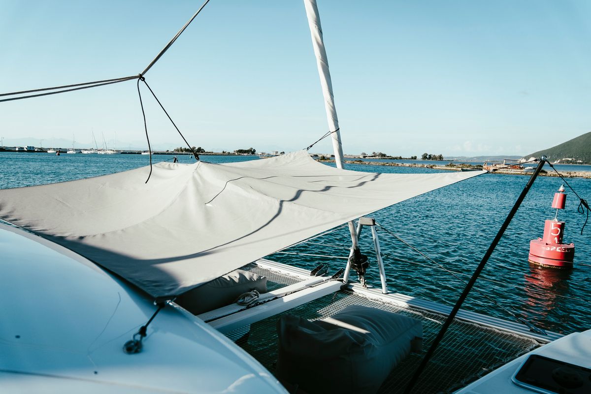 Deck of Acantha, a Lagoon 42 catamaran at Municipal Unit of Lefkada, Greece