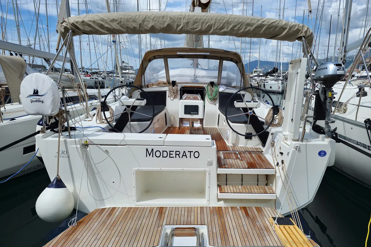 Exterior view of Moderato, a Dufour 430 GL sailboat at Grad Kaštela, Croatia