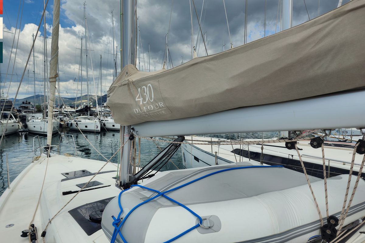 Exterior view of Moderato, a Dufour 430 GL sailboat at Grad Kaštela, Croatia