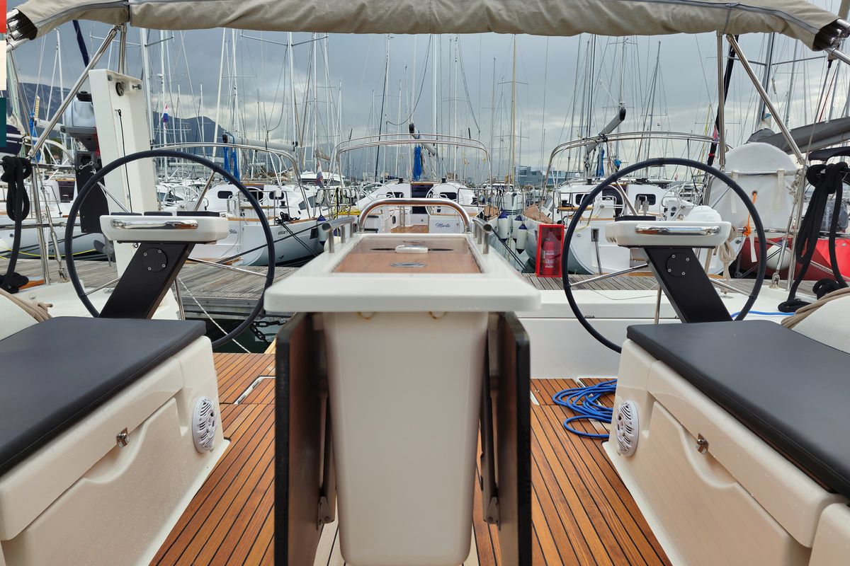Cockpit of Moderato, a Dufour 430 GL sailboat at Grad Kaštela, Croatia