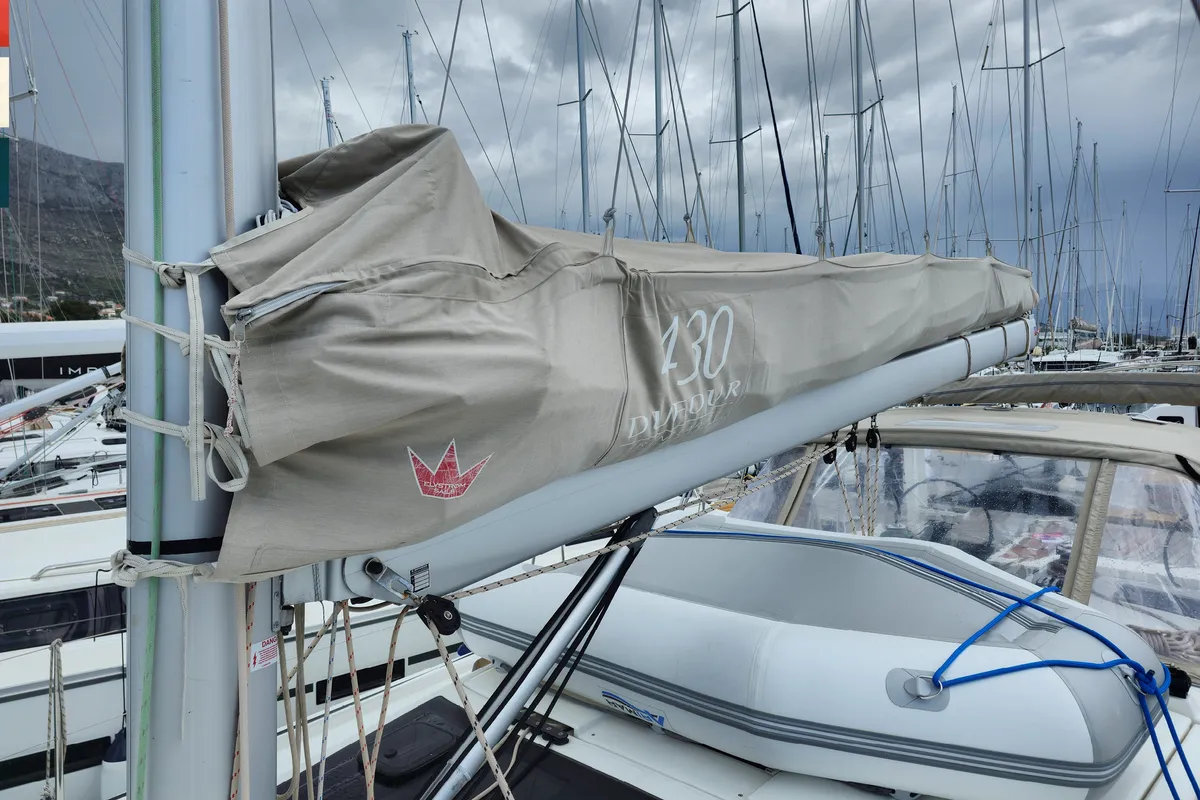 Exterior view of Moderato, a Dufour 430 GL sailboat at Grad Kaštela, Croatia