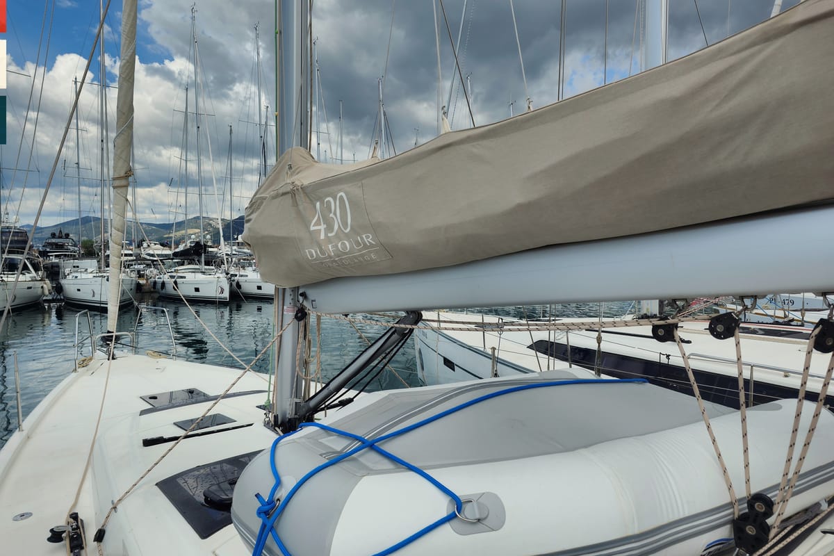Deck of Moderato, a Dufour 430 GL sailboat at Grad Kaštela, Croatia