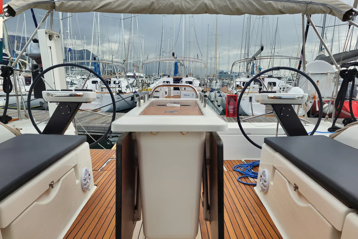 Cockpit of Moderato, a Dufour 430 GL sailboat at Grad Kaštela, Croatia
