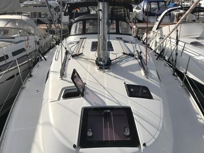Exterior view of Atlantica, a Bavaria Cruiser 40 S sailboat at Palma de Mallorca, Spain