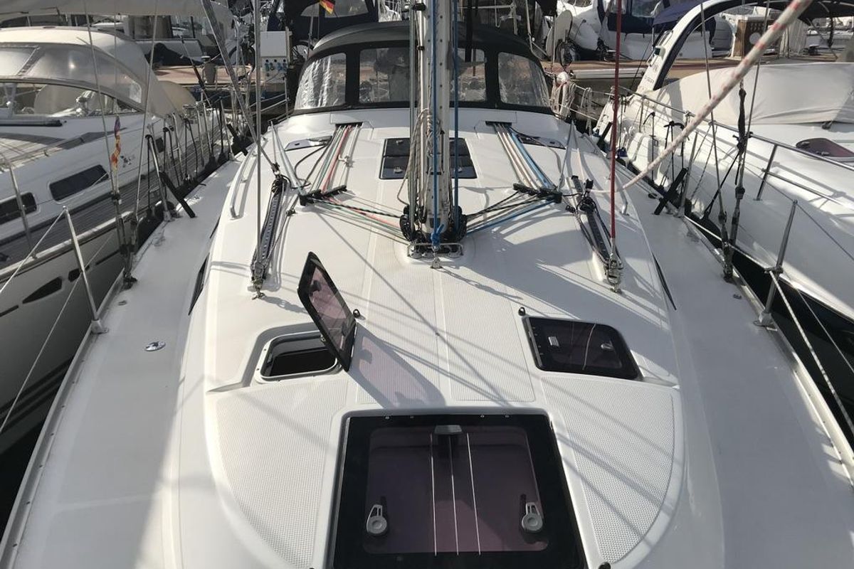 Exterior view of Atlantica, a Bavaria Cruiser 40 S sailboat at Palma de Mallorca, Spain