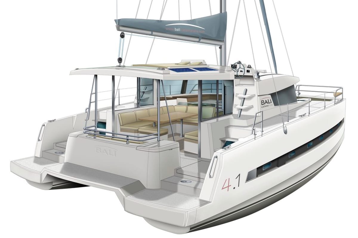 Exterior view of Northcat II, a Bali 4.1 catamaran at Keramoti, Greece