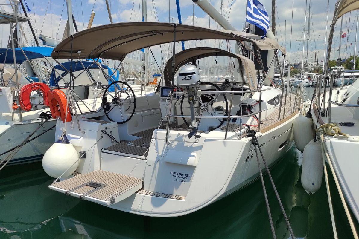 Exterior view of Spirus, a Jeanneau Sun Odyssey 439 sailboat at Athens, Greece