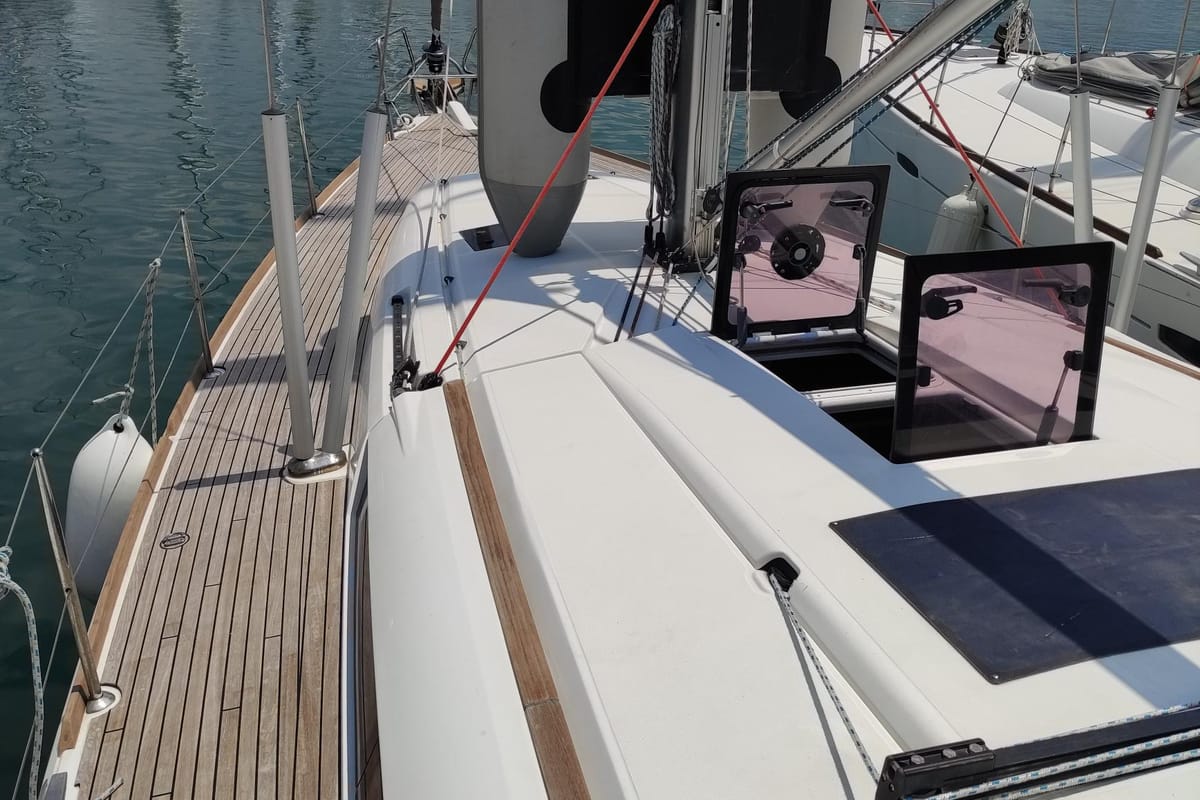 Deck of Spirus, a Jeanneau Sun Odyssey 439 sailboat at Athens, Greece