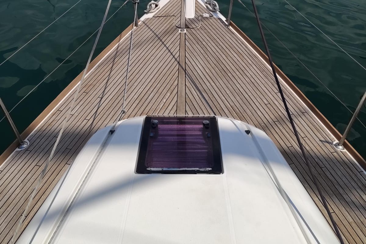 Deck of Spirus, a Jeanneau Sun Odyssey 439 sailboat at Athens, Greece