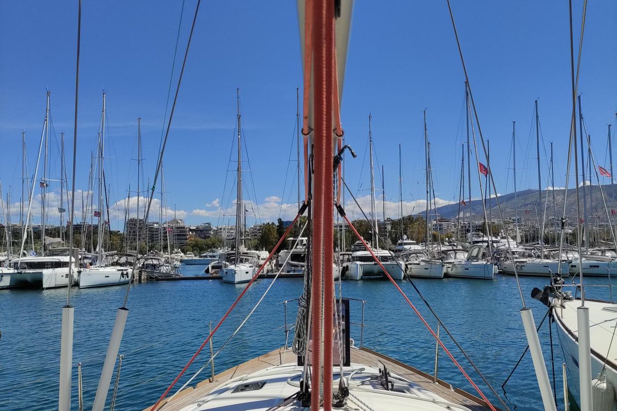 Deck of Spirus, a Jeanneau Sun Odyssey 439 sailboat at Athens, Greece