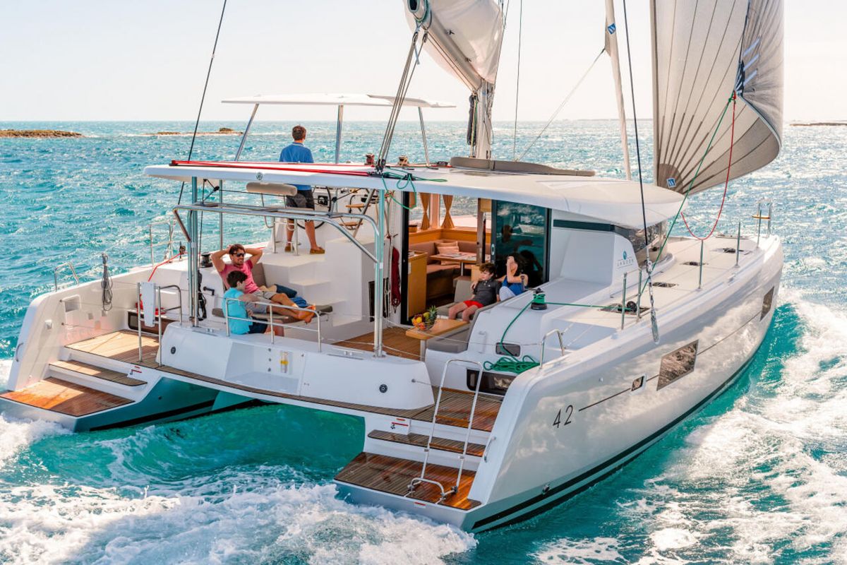 Exterior view of Karukera, a Lagoon 42 catamaran at Pointe-à-Pitre, France