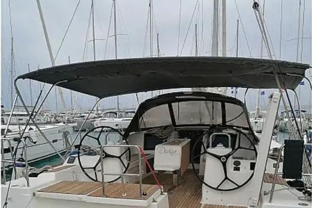 Cockpit of Divina, a Dufour 460 Grand Large sailboat at Vibo Valentia, Italy