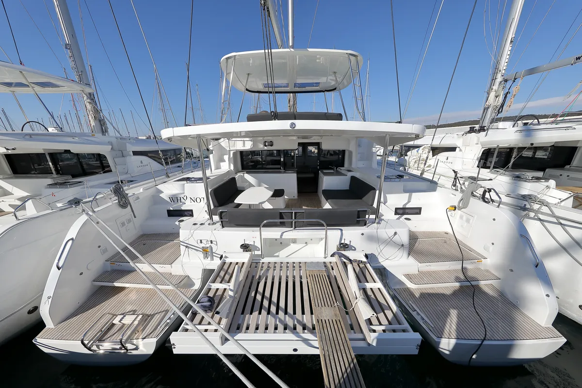 Exterior view of WHY NOT, a Lagoon 46 catamaran at Općina Sukošan, Croatia