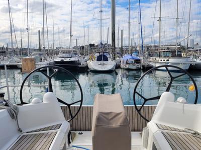 Cockpit of Kokozenn 2, a Jeanneau Sun Odyssey 349 sailboat at Saint-Cast-le-Guildo, France