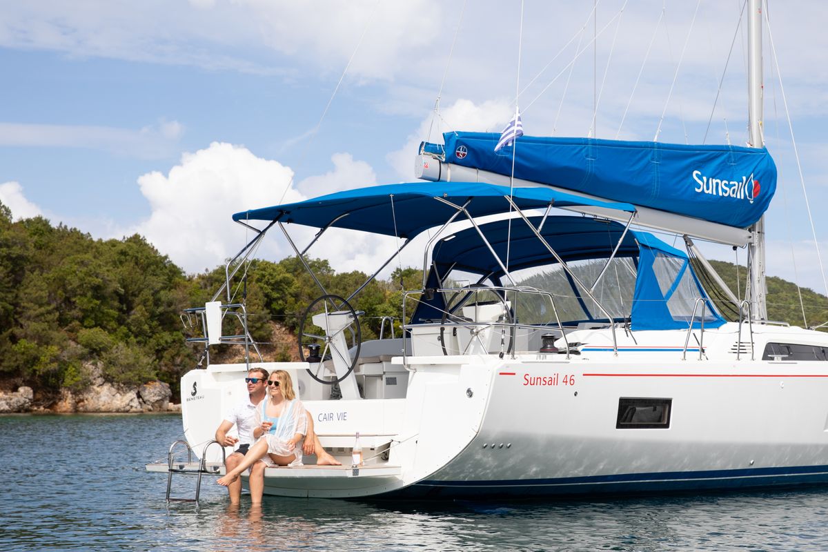 Deck of Sunsail 46.4 Premium, a Beneteau Oceanis 46.1 sailboat at Piraeus, Greece