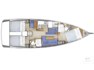 Floor plan of Rocabruna, a Jeanneau Sun Odyssey 410 sailboat at Palamós, Spain