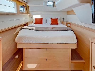 Cabin on Caliente, a Lagoon 450 Fly catamaran at Thira Municipal Unit, Greece