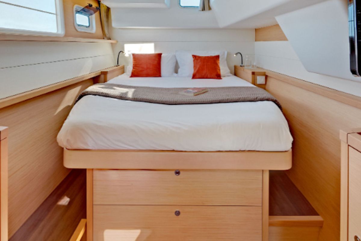 Cabin on Caliente, a Lagoon 450 Fly catamaran at Thira Municipal Unit, Greece
